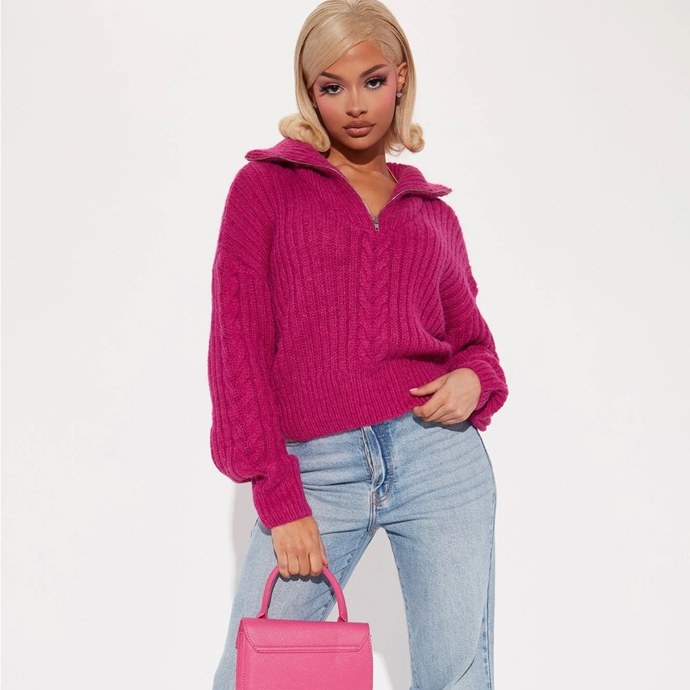 Fashion Nova New View Quarter Zip Sweater in Raspberry